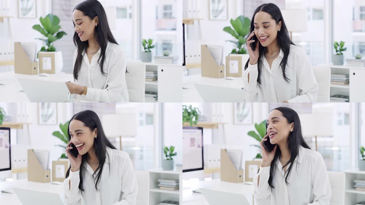一名年轻女商人在现代办公室使用智能手机和笔记本电脑的4k视频片段