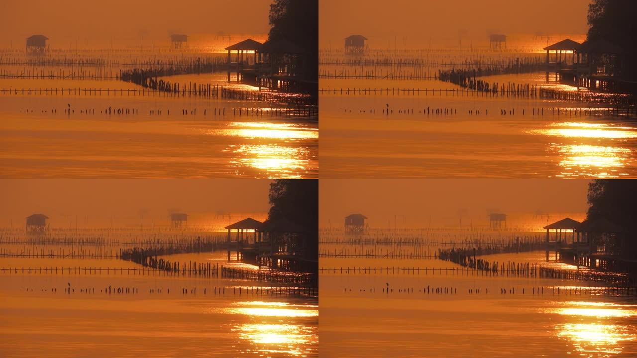 泰国日落时渔村的宁静景象