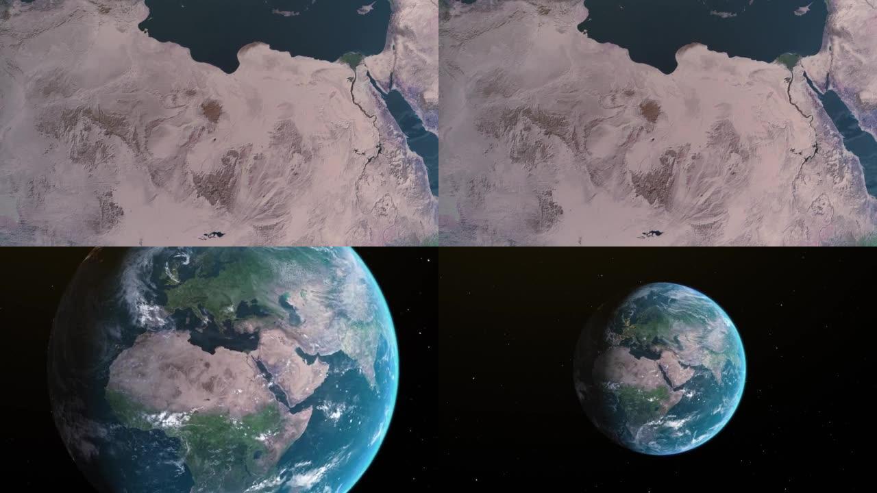 利比亚地图，通过一个4K照片真实动画地球仪放大到太空，包括非洲，西亚和欧洲的全景。史诗旋转世界动画，