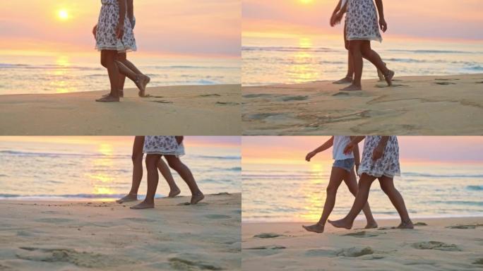 日落时分，两个面目全非的女人在海滩上散步