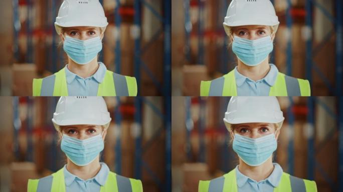 为安全起见，成功的女性仓库库存经理戴着口罩的肖像。在背景成排的货架上，商品，商品，包装在纸箱中的产品