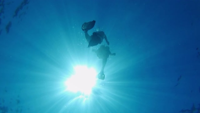 MS肖像夫妇在克罗地亚阳光明媚的亚得里亚海水下浮潜
