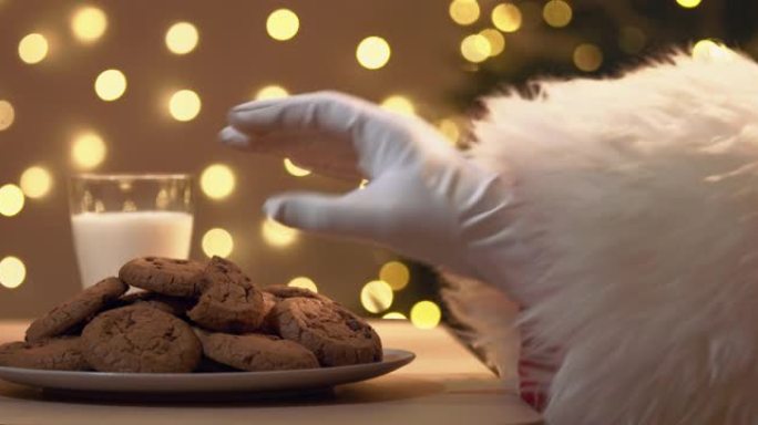 圣诞老人小心翼翼，以至于没有人注意到，偷偷把一块饼干放在盘子里，咬它，然后把它放回去。圣诞老人的恶作