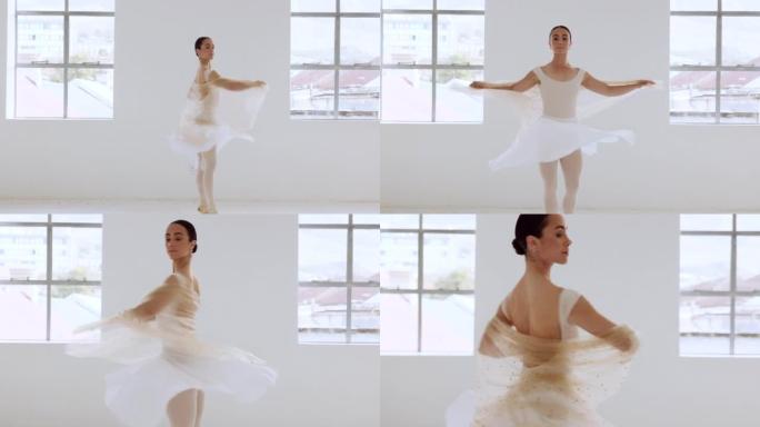 女人，芭蕾舞演员或艺术家在室内的创意白色艺术工作室中旋转。优雅的女芭蕾舞演员跳舞并拥抱舞蹈的艺术优雅