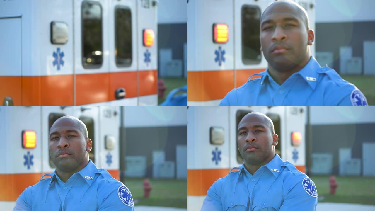 救护车前的非裔美国人护理人员
