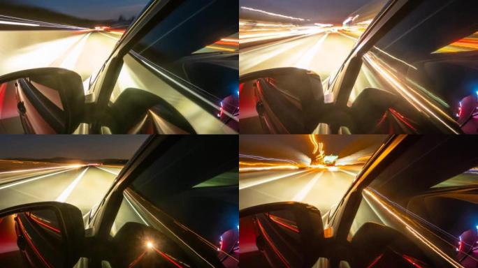 汽车晚上在高速公路上行驶，近距离观察后视镜和带反射的窗户。时间流逝