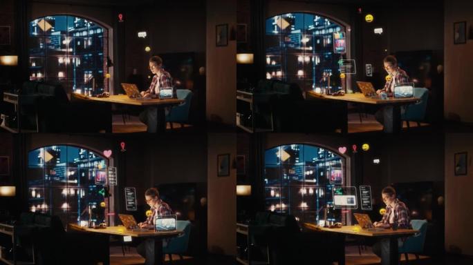 美丽的年轻女性坐在家里的办公桌前，在客厅的笔记本电脑上工作。物联网概念，带有不同社交媒体帖子的动画V