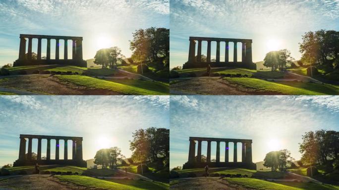 英国苏格兰新市镇爱丁堡中部日出时间卡尔顿山国家纪念碑的时间流逝