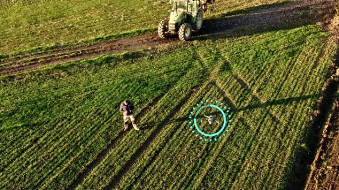 空中农夫使用遥控器在无人机周围飞行无人机动画图形