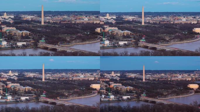 日落时分，美国华盛顿特区的林肯纪念堂、华盛顿纪念碑和美国国会大厦