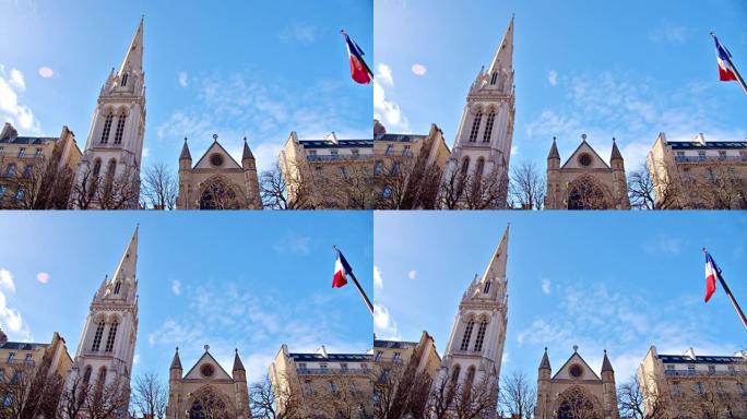 教堂，哥特式，法国国旗。巴黎天际线