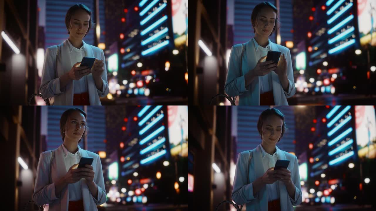 美丽的年轻女子使用智能手机走过充满霓虹灯的夜晚城市街道。使用手机，发布社交媒体，在线购物，发短信的华