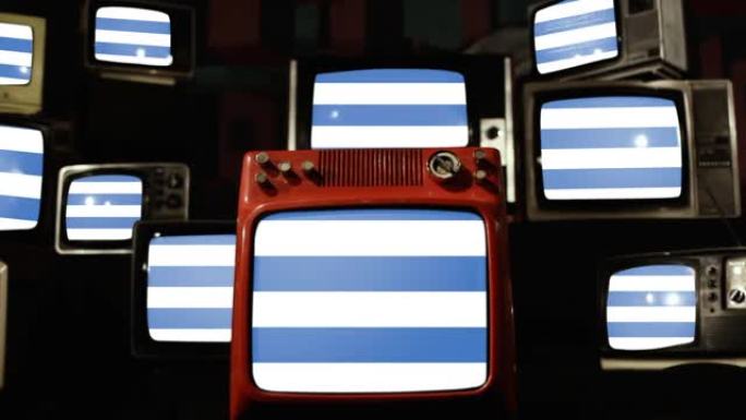 爱沙尼亚首都塔林的国旗和老式电视。