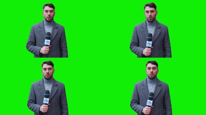 电视直播新闻节目: 高加索男性主持人报道绿屏色度键屏幕图片。电视有线频道主播谈话。网络广播模拟回放