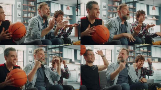 在家里，三个快乐的篮球迷坐在电视上的沙发上观看比赛，庆祝得分，他们的运动队冠军胜利。一群朋友欢呼，为