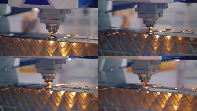 现代技术对金属水平铁制品物体热气的数控切割动力作用。在计算机程序重工业中制作工业细节。切割金属材料激