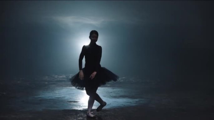 拥有完美身材的年轻迷人芭蕾舞者的剪影在黑暗的灯光下跳舞，背景是光线和烟雾