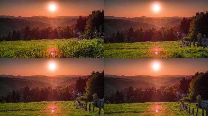 日出时带有田野和丘陵的乡村景观-起重机拍摄