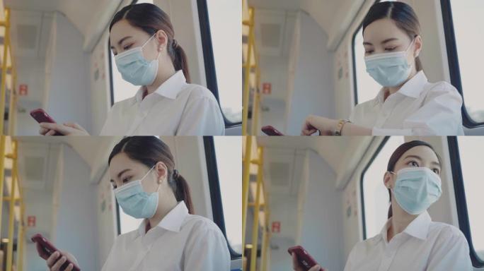 火车上戴着外科口罩的女乘客。