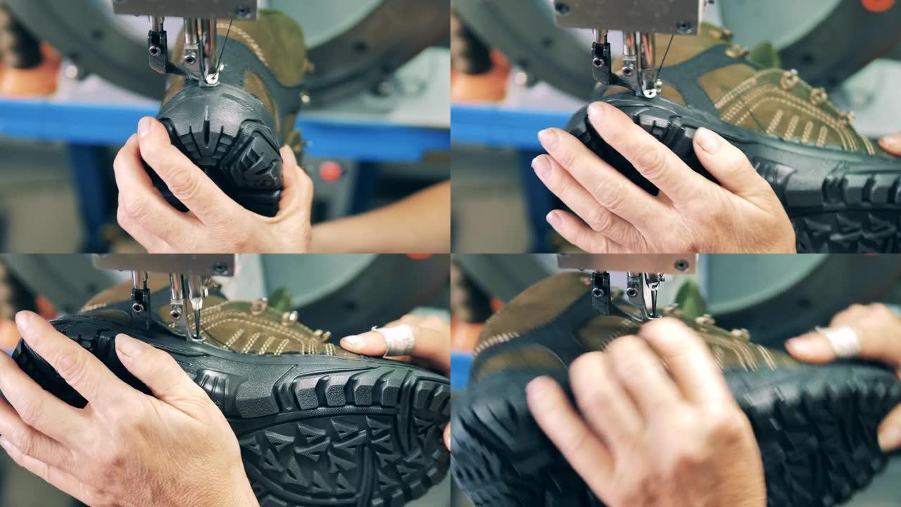 制鞋业概念。工厂工人使用机器将鞋底固定在鞋上