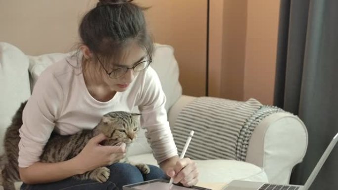 年轻漂亮的眼镜亚洲女人和猫坐在沙发上。她在家工作或通过笔记本电脑在线学习。检疫期间，穿着休闲服的女孩