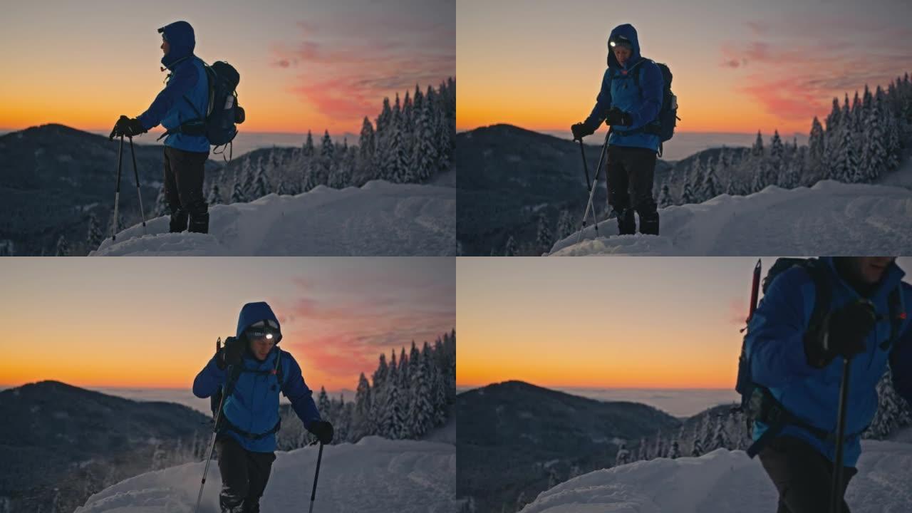 斯洛莫山徒步旅行者在黄昏时欣赏卡姆尼克-萨维尼亚阿尔卑斯山的景色