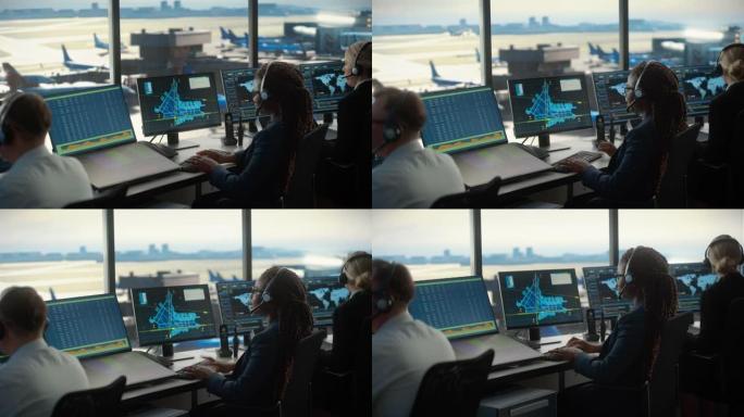戴着耳机的女性空中交通管制员在机场塔楼通话。办公室充满了台式计算机显示屏，带有导航屏幕，飞机出发和到