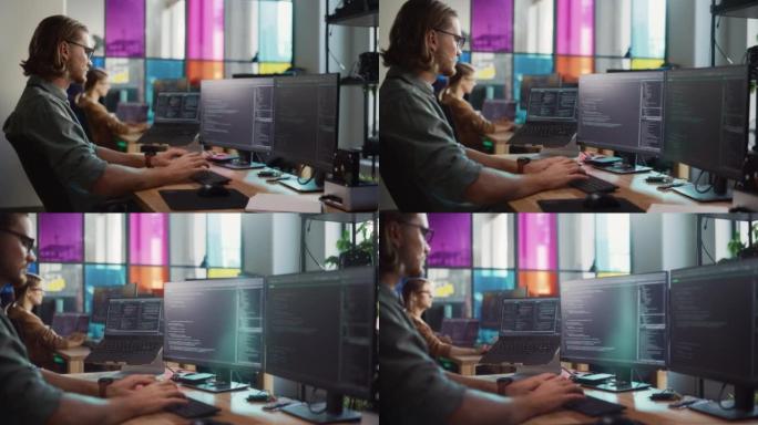 专业的男性数据科学家在时尚的办公空间中的台式计算机上编写代码。高加索人使用软件分析来自互联网的信息并
