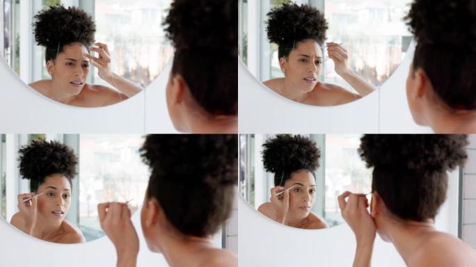 镜子，化妆和黑人女性塑造眉毛，拔脸头发和自然美容，以实现健康和护肤。化妆品，非裔美国女孩和使用铅笔的