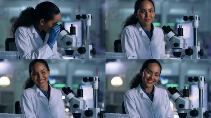 一名年轻女子在实验室使用显微镜的4k录像