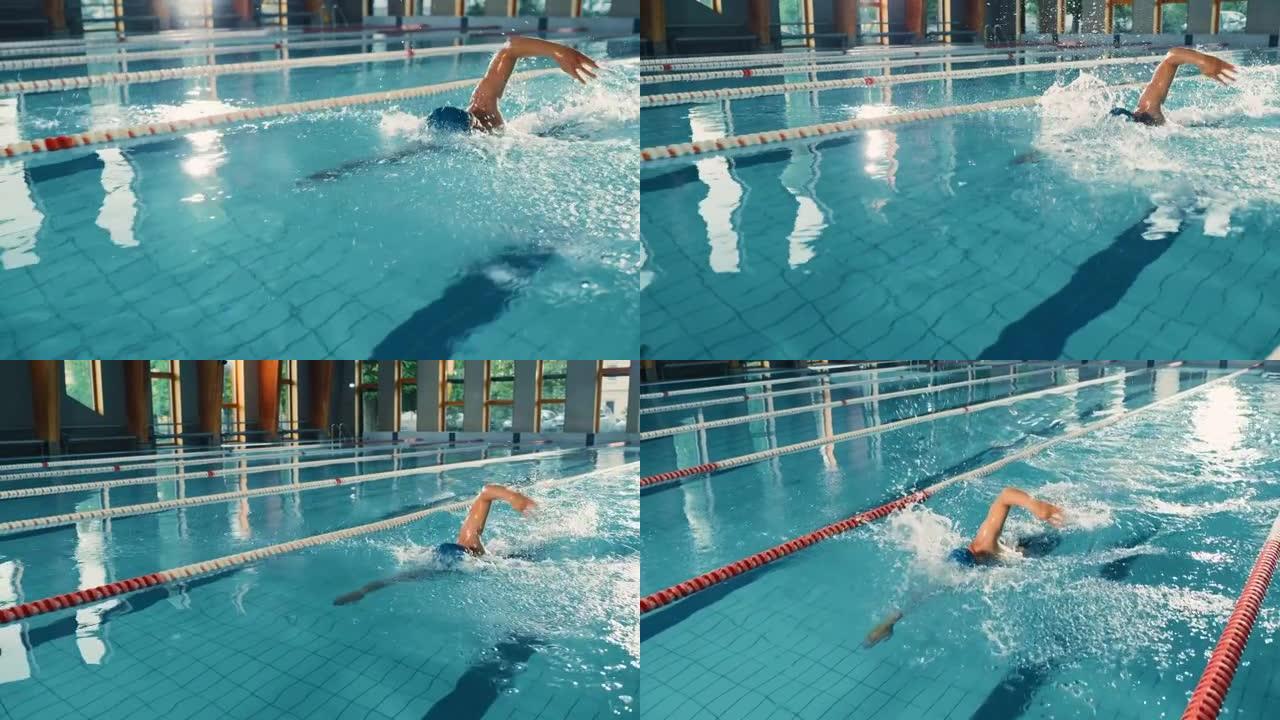 男子游泳运动员在奥林匹克游泳池游泳。专业运动员在锦标赛上表演，使用前爬行，自由泳。取胜的决心。高角度