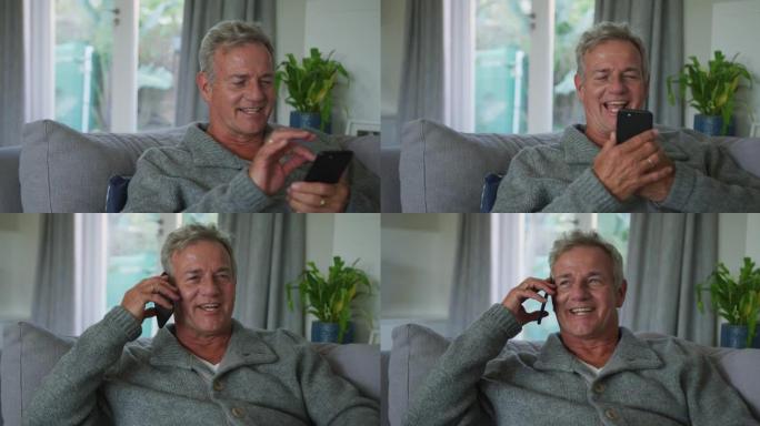 快乐高加索老人在家使用智能手机的动画