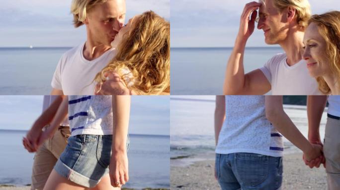 一对夫妇一起在海滩上散步的4k视频片段