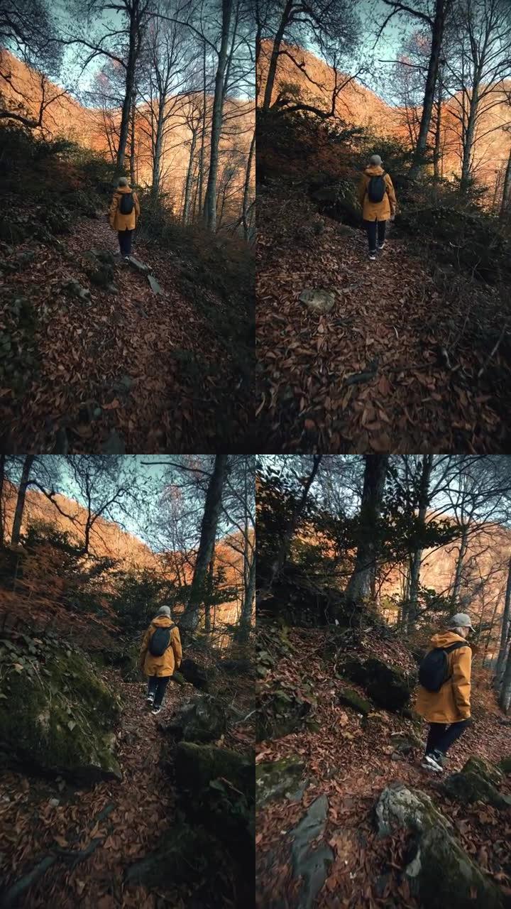 穿着黄色雨衣的女人在森林里行走