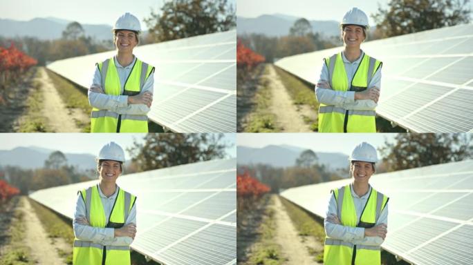 太阳能，工程师和农场与一名女性建筑工人在农业土地上安装太阳能电池板。肖像，农业和可再生能源，女性站立