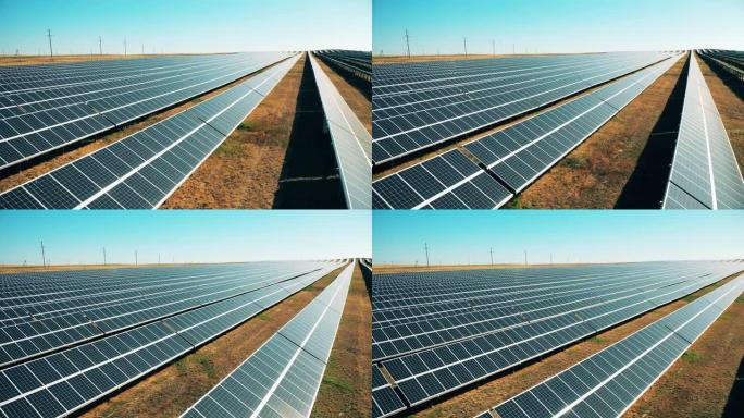 带有多排面板的太阳能发电厂。太阳能电池，可再生能源生产。