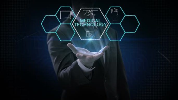 商人在六角形，4k动画中打开palms，“医疗技术” 和各种未来医疗技术图标。