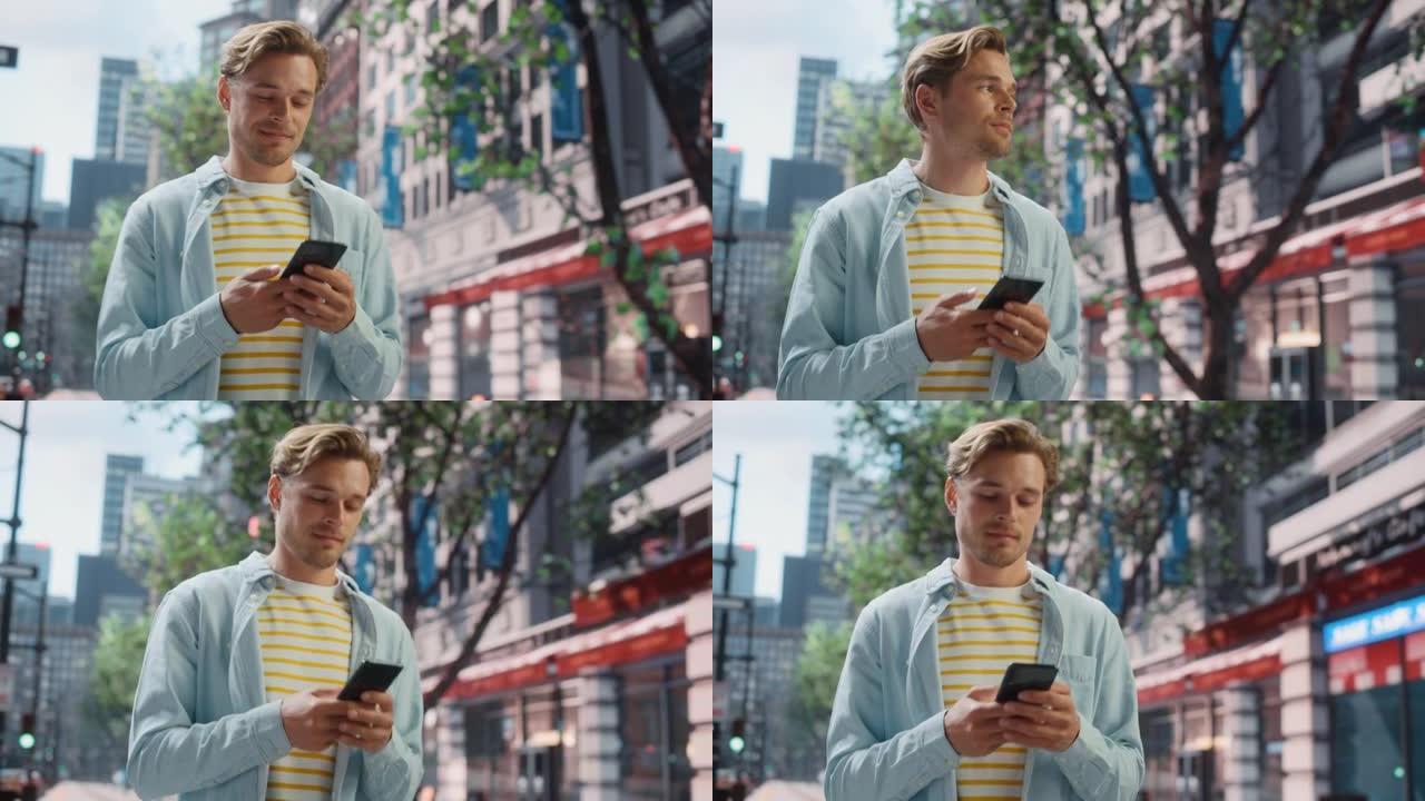 一个英俊的年轻人穿着便服，在城市街道上使用智能手机的肖像。大城市中的时尚男性与人们在线联系，消息传递