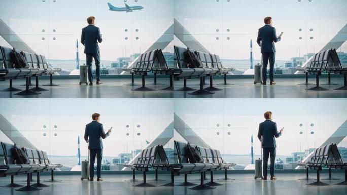 机场航站楼: 带滚动行李箱的商人，使用智能手机应用程序进行电子商务。旅客在航空枢纽的登机休息室等待飞