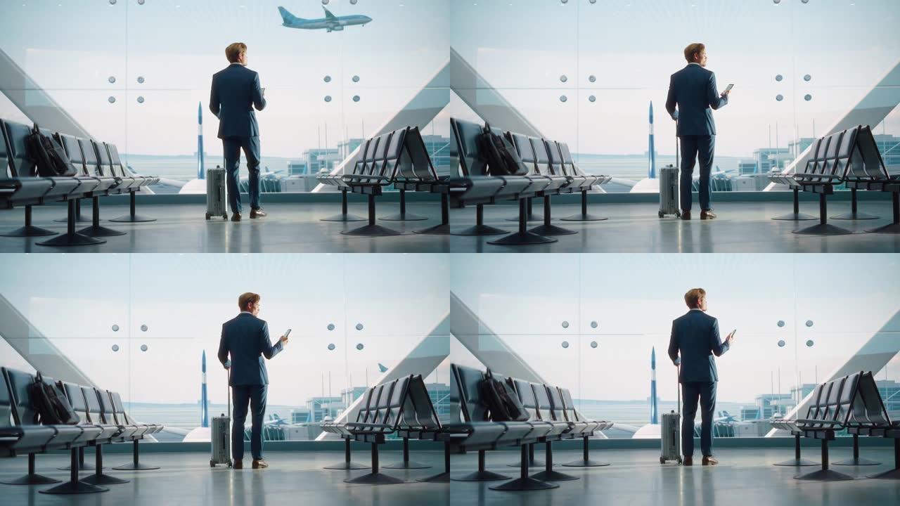 机场航站楼: 带滚动行李箱的商人，使用智能手机应用程序进行电子商务。旅客在航空枢纽的登机休息室等待飞