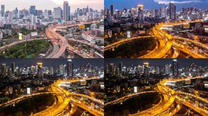 4K UHD日夜缩小延时: 曼谷高速公路交通，市中心摩天大楼的天际线为背景。交通和现代城市景观概念。