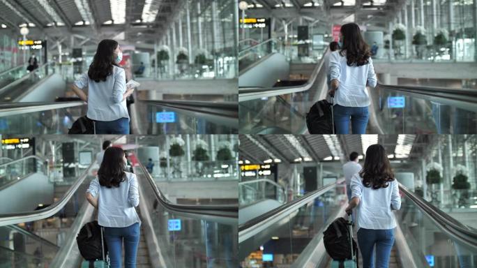 候机楼机场的年轻女子: 新型冠状病毒肺炎旅行