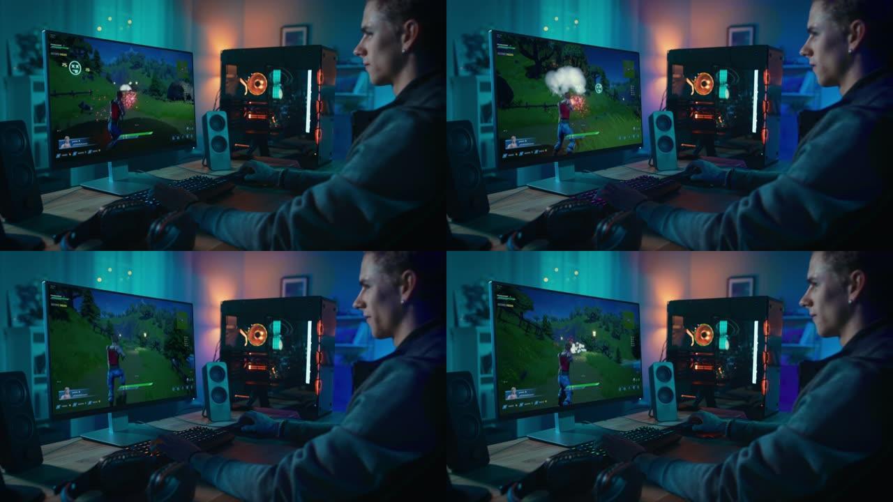 兴奋的玩家在家玩在线视频游戏。真正的3D射击游戏，在强大的个人电脑上展示街机在线多人战斗皇家游戏。房