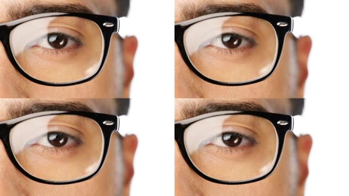 一个戴着白色背景眼镜的年轻人的4k视频片段