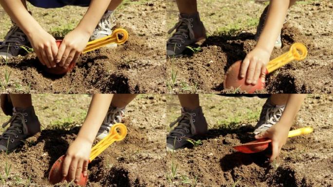一个小孩子的手在玩塑料铲子挖泥土。特写。