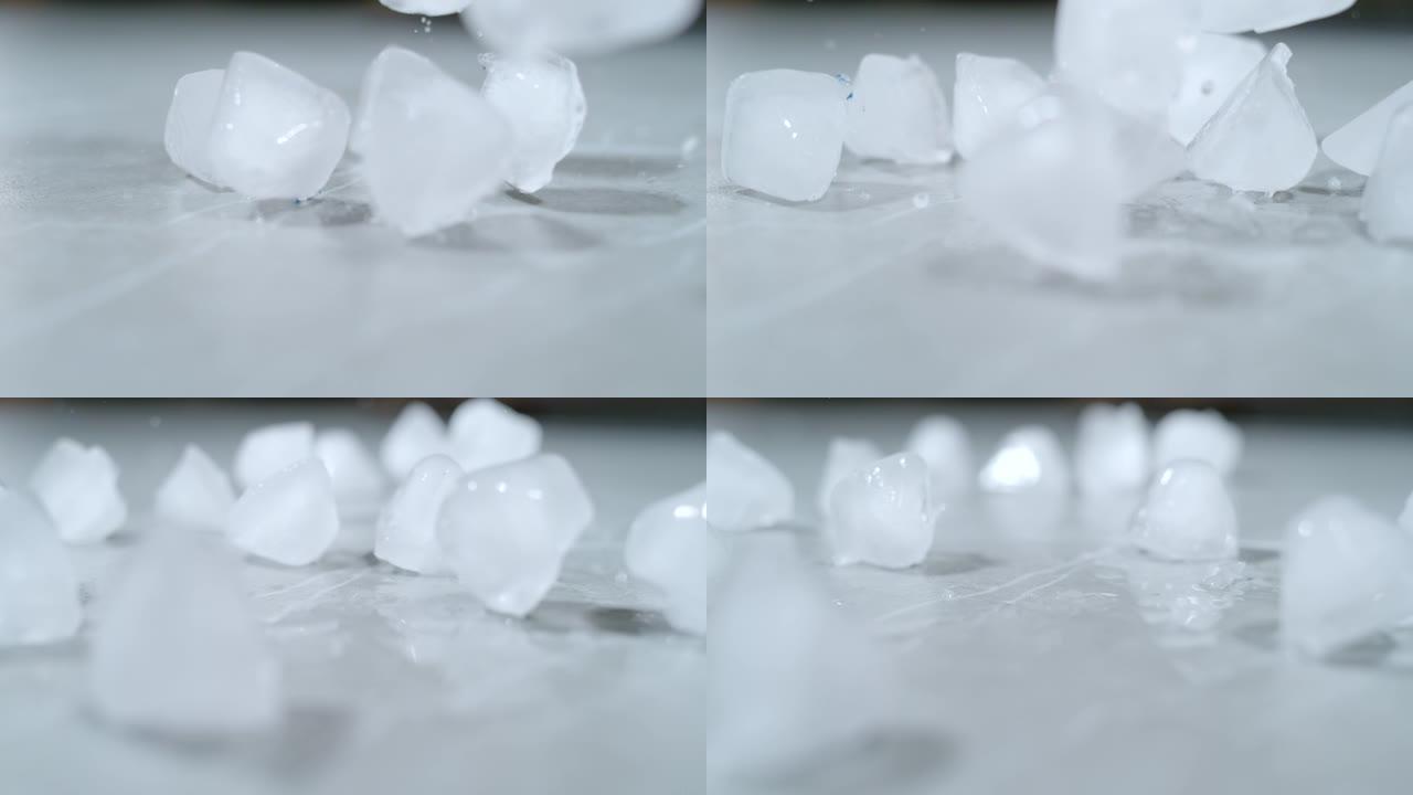 宏观，dop: 融化的冰块散落在空荡荡的餐桌上。