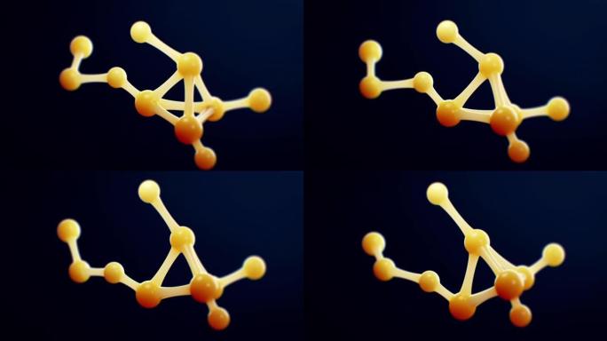 浅黄色分子在深色背景上转转，用于化学或生物学概念