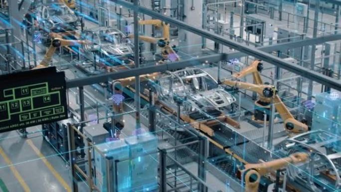 延时车厂数字化行业4.0概念: 自动化机械臂装配线制造高科技电动车人工智能计算机视觉分析，扫描生产效