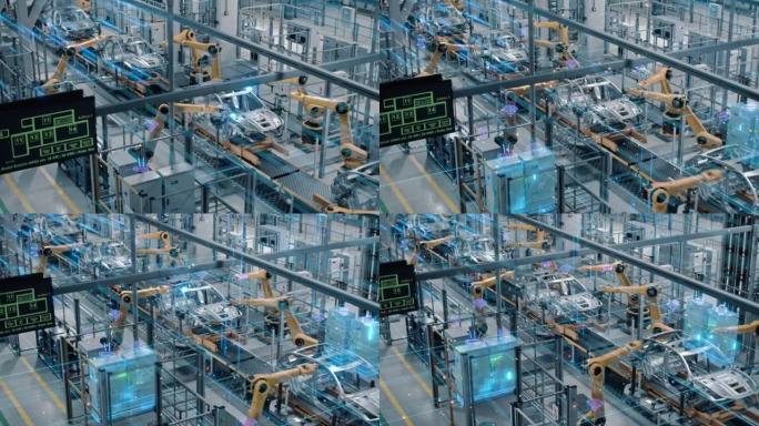 延时车厂数字化行业4.0概念: 自动化机械臂装配线制造高科技电动车人工智能计算机视觉分析，扫描生产效