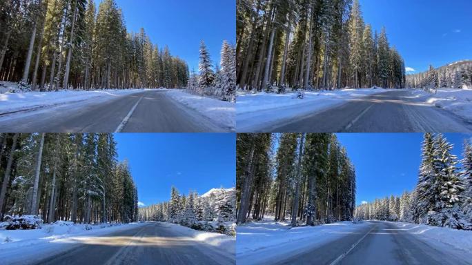 穿越白色森林的雪乡公路上的驾驶视点
